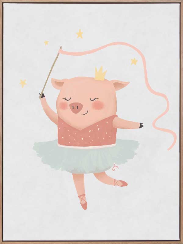 A pig ballerina in a tutu twirls a ribbon wand with tiny stars in blue and pink accents, from the Little Tails Collection by Urban Road.