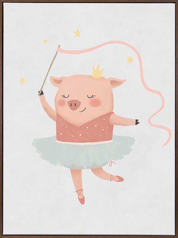 A pig ballerina in a tutu twirls a ribbon wand with tiny stars in blue and pink accents, from the Little Tails Collection by Urban Road.