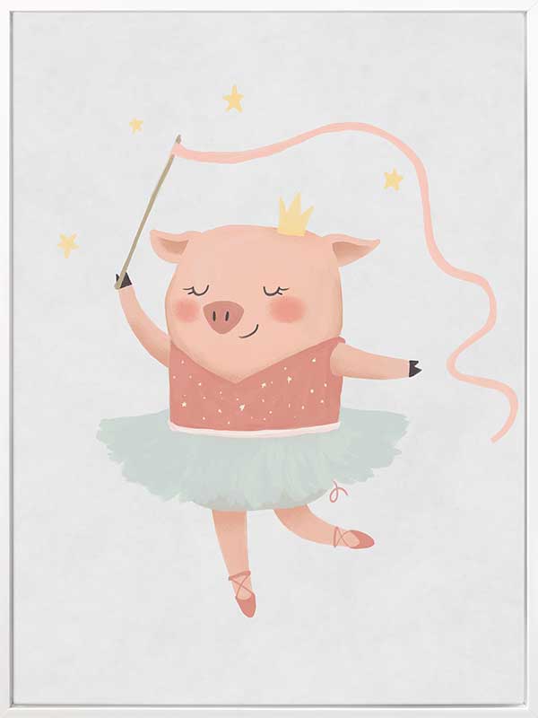 A pig ballerina in a tutu twirls a ribbon wand with tiny stars in blue and pink accents, from the Little Tails Collection by Urban Road.