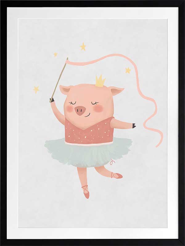 A pig ballerina in a tutu twirls a ribbon wand with tiny stars in blue and pink accents, from the Little Tails Collection by Urban Road.