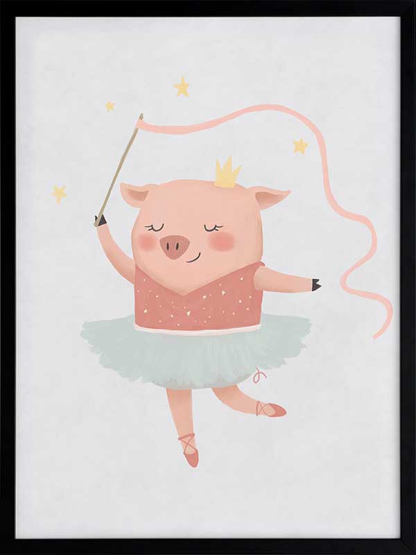 A pig ballerina in a tutu twirls a ribbon wand with tiny stars in blue and pink accents, from the Little Tails Collection by Urban Road.