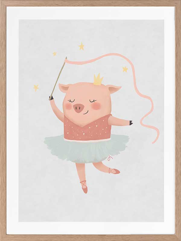 A pig ballerina in a tutu twirls a ribbon wand with tiny stars in blue and pink accents, from the Little Tails Collection by Urban Road.