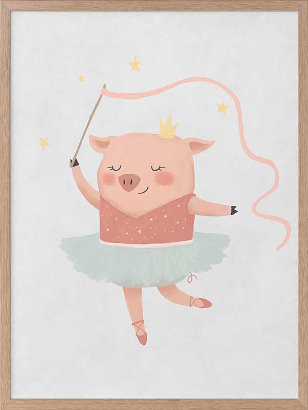 A pig ballerina in a tutu twirls a ribbon wand with tiny stars in blue and pink accents, from the Little Tails Collection by Urban Road.
