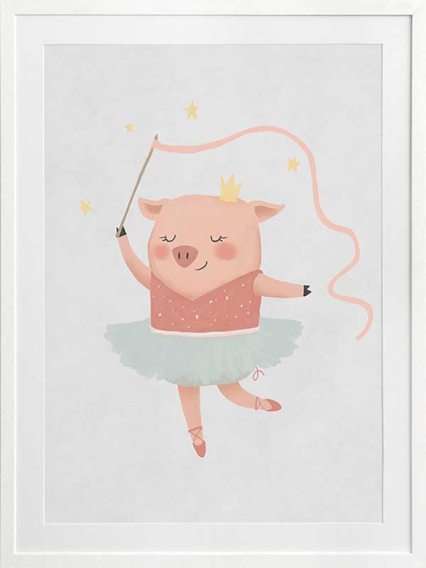 A pig ballerina in a tutu twirls a ribbon wand with tiny stars in blue and pink accents, from the Little Tails Collection by Urban Road.