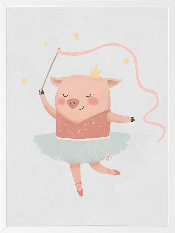 A pig ballerina in a tutu twirls a ribbon wand with tiny stars in blue and pink accents, from the Little Tails Collection by Urban Road.