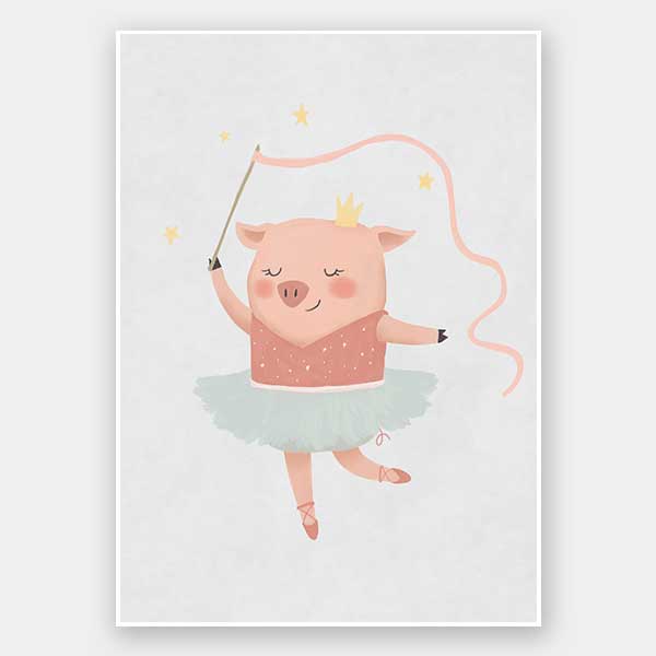 A pig ballerina in a tutu twirls a ribbon wand with tiny stars in blue and pink accents, from the Little Tails Collection by Urban Road.