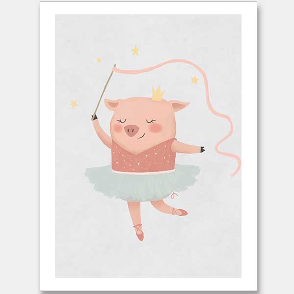 A pig ballerina in a tutu twirls a ribbon wand with tiny stars in blue and pink accents, from the Little Tails Collection by Urban Road.