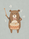 A friendly bear beats a drum with music notes floating around in blue-brown tones, from the Little Tails Collection by Urban Road.