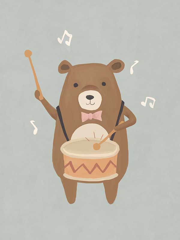 A friendly bear beats a drum with music notes floating around in blue-brown tones, from the Little Tails Collection by Urban Road.