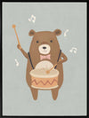A friendly bear beats a drum with music notes floating around in blue-brown tones, from the Little Tails Collection by Urban Road.