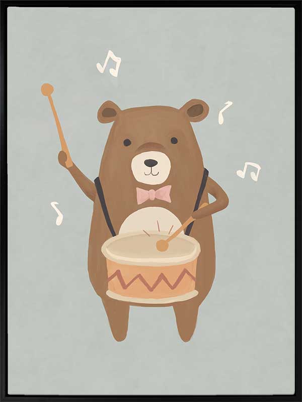 A friendly bear beats a drum with music notes floating around in blue-brown tones, from the Little Tails Collection by Urban Road.