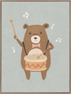 A friendly bear beats a drum with music notes floating around in blue-brown tones, from the Little Tails Collection by Urban Road.