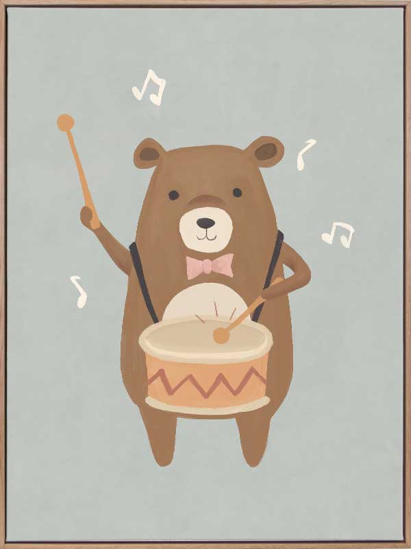 A friendly bear beats a drum with music notes floating around in blue-brown tones, from the Little Tails Collection by Urban Road.