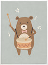 A friendly bear beats a drum with music notes floating around in blue-brown tones, from the Little Tails Collection by Urban Road.