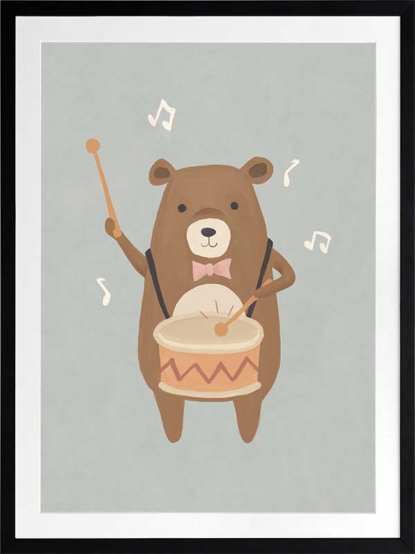 A friendly bear beats a drum with music notes floating around in blue-brown tones, from the Little Tails Collection by Urban Road.