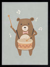 A friendly bear beats a drum with music notes floating around in blue-brown tones, from the Little Tails Collection by Urban Road.