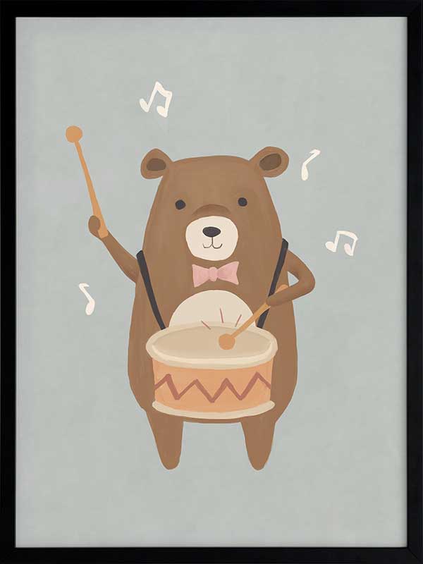 A friendly bear beats a drum with music notes floating around in blue-brown tones, from the Little Tails Collection by Urban Road.