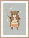 A friendly bear beats a drum with music notes floating around in blue-brown tones, from the Little Tails Collection by Urban Road.