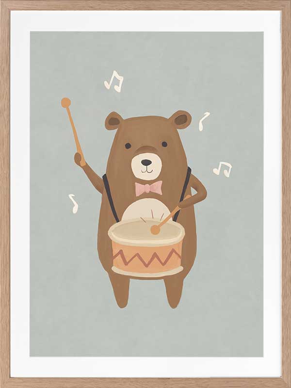A friendly bear beats a drum with music notes floating around in blue-brown tones, from the Little Tails Collection by Urban Road.