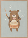 A friendly bear beats a drum with music notes floating around in blue-brown tones, from the Little Tails Collection by Urban Road.