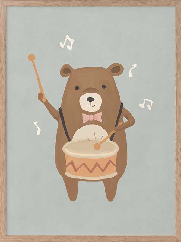 A friendly bear beats a drum with music notes floating around in blue-brown tones, from the Little Tails Collection by Urban Road.