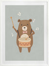 A friendly bear beats a drum with music notes floating around in blue-brown tones, from the Little Tails Collection by Urban Road.