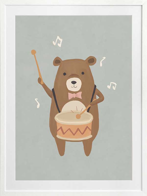 A friendly bear beats a drum with music notes floating around in blue-brown tones, from the Little Tails Collection by Urban Road.