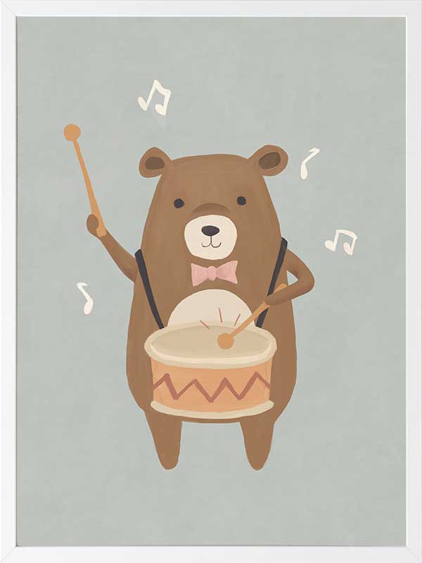 A friendly bear beats a drum with music notes floating around in blue-brown tones, from the Little Tails Collection by Urban Road.