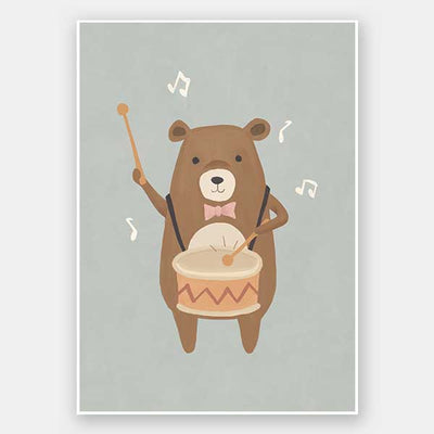 A friendly bear beats a drum with music notes floating around in blue-brown tones, from the Little Tails Collection by Urban Road.