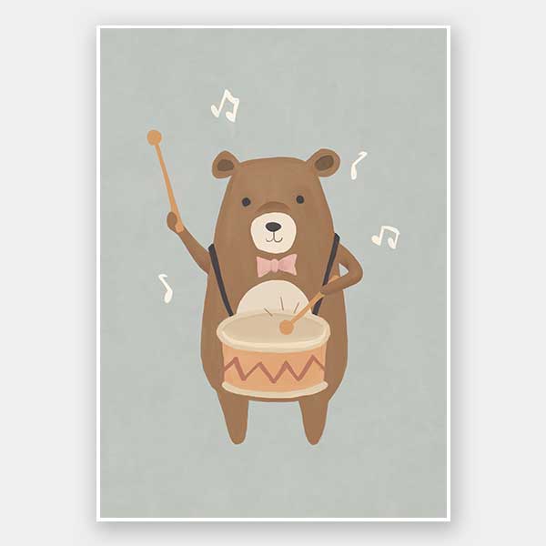 A friendly bear beats a drum with music notes floating around in blue-brown tones, from the Little Tails Collection by Urban Road.