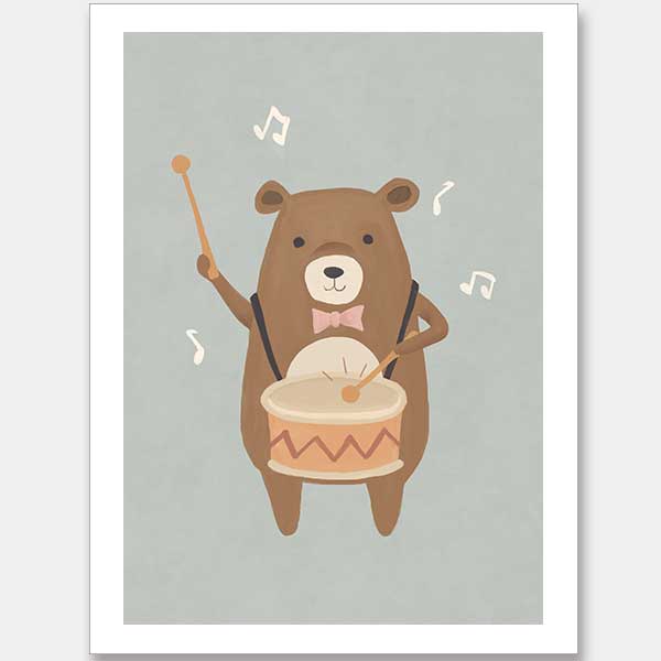 A friendly bear beats a drum with music notes floating around in blue-brown tones, from the Little Tails Collection by Urban Road.