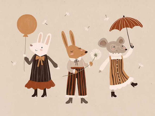 Forest friends—two rabbits and a mouse—parade with a balloon and umbrella in warm neutral oranges, from the Little Tails Collection by Urban Road.
