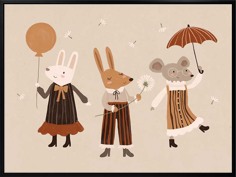 Forest friends—two rabbits and a mouse—parade with a balloon and umbrella in warm neutral oranges, from the Little Tails Collection by Urban Road.
