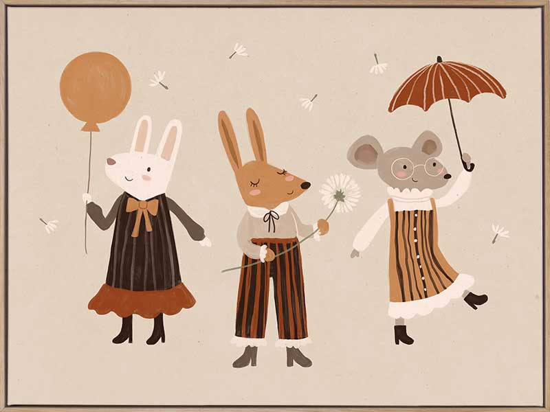 Forest friends—two rabbits and a mouse—parade with a balloon and umbrella in warm neutral oranges, from the Little Tails Collection by Urban Road.