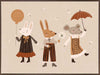 Forest friends—two rabbits and a mouse—parade with a balloon and umbrella in warm neutral oranges, from the Little Tails Collection by Urban Road.