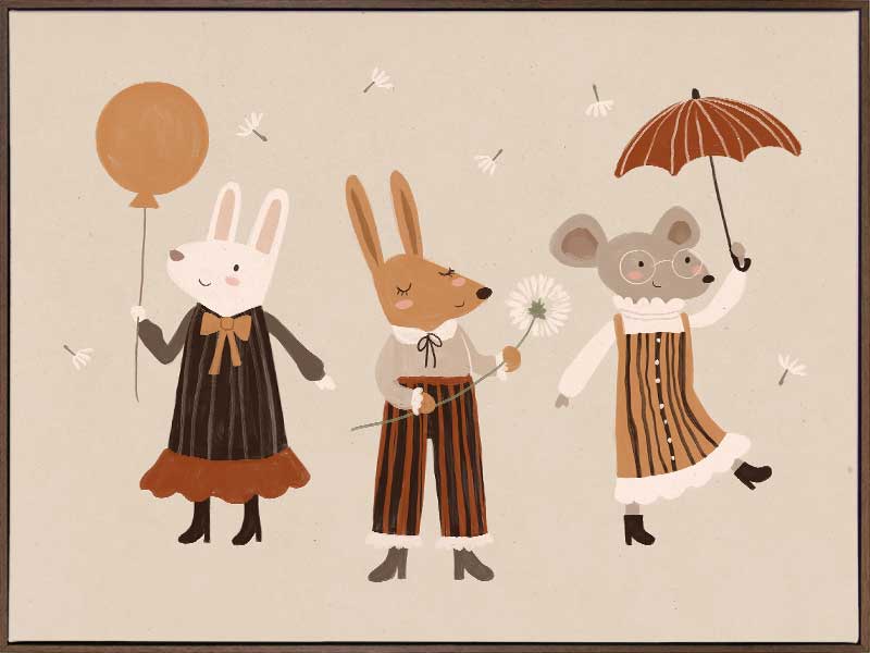 Forest friends—two rabbits and a mouse—parade with a balloon and umbrella in warm neutral oranges, from the Little Tails Collection by Urban Road.