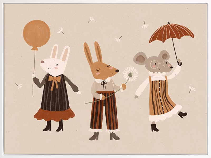 Forest friends—two rabbits and a mouse—parade with a balloon and umbrella in warm neutral oranges, from the Little Tails Collection by Urban Road.