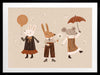 Forest friends—two rabbits and a mouse—parade with a balloon and umbrella in warm neutral oranges, from the Little Tails Collection by Urban Road.