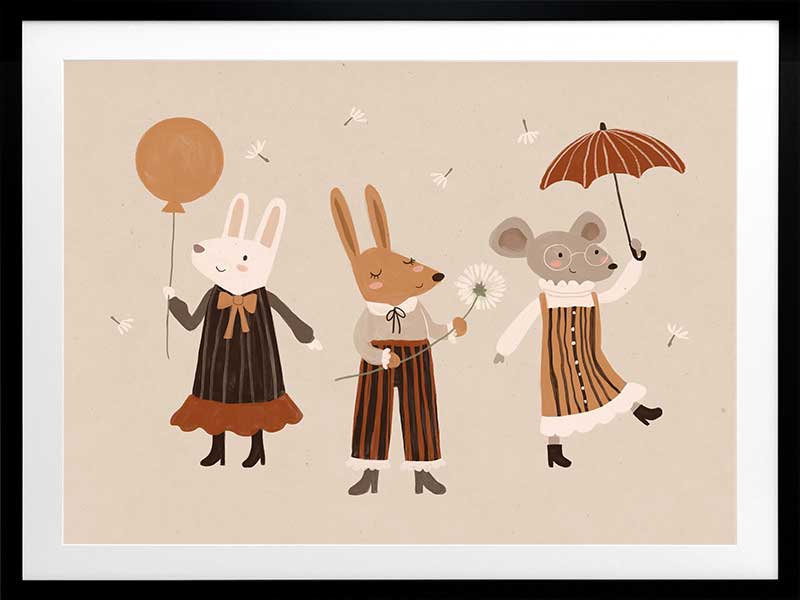 Forest friends—two rabbits and a mouse—parade with a balloon and umbrella in warm neutral oranges, from the Little Tails Collection by Urban Road.