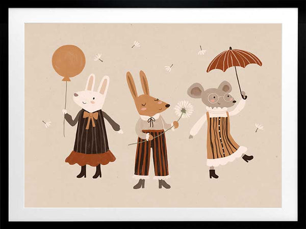 Forest friends—two rabbits and a mouse—parade with a balloon and umbrella in warm neutral oranges, from the Little Tails Collection by Urban Road.