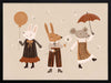 Forest friends—two rabbits and a mouse—parade with a balloon and umbrella in warm neutral oranges, from the Little Tails Collection by Urban Road.