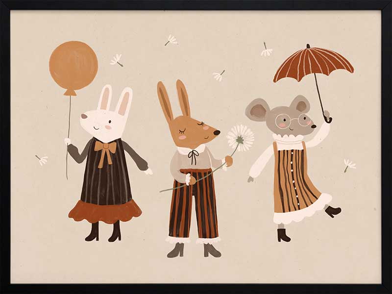 Forest friends—two rabbits and a mouse—parade with a balloon and umbrella in warm neutral oranges, from the Little Tails Collection by Urban Road.