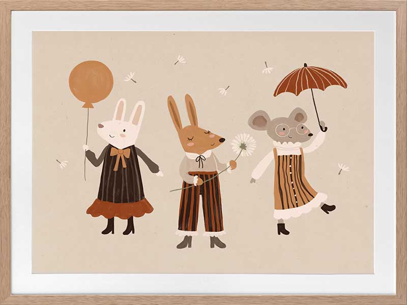 Forest friends—two rabbits and a mouse—parade with a balloon and umbrella in warm neutral oranges, from the Little Tails Collection by Urban Road.