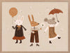 Forest friends—two rabbits and a mouse—parade with a balloon and umbrella in warm neutral oranges, from the Little Tails Collection by Urban Road.