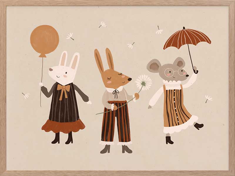 Forest friends—two rabbits and a mouse—parade with a balloon and umbrella in warm neutral oranges, from the Little Tails Collection by Urban Road.