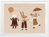 Forest friends—two rabbits and a mouse—parade with a balloon and umbrella in warm neutral oranges, from the Little Tails Collection by Urban Road.