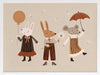 Forest friends—two rabbits and a mouse—parade with a balloon and umbrella in warm neutral oranges, from the Little Tails Collection by Urban Road.