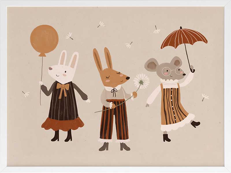 Forest friends—two rabbits and a mouse—parade with a balloon and umbrella in warm neutral oranges, from the Little Tails Collection by Urban Road.