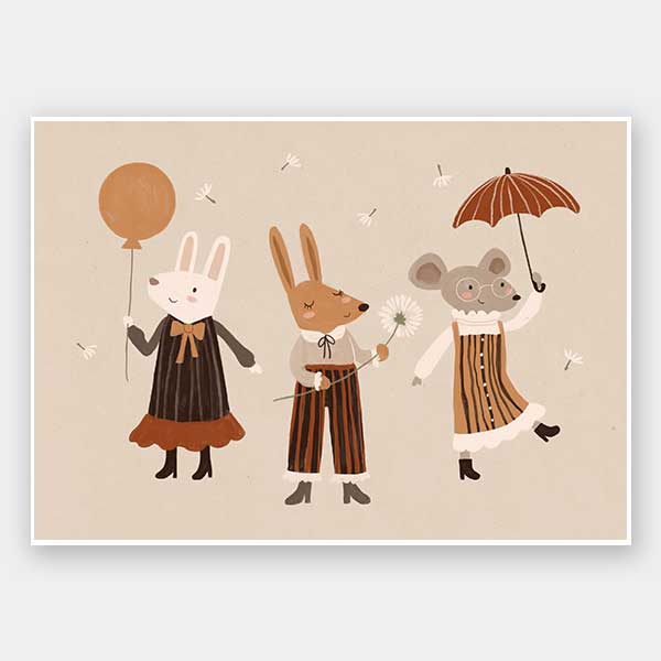 Forest friends—two rabbits and a mouse—parade with a balloon and umbrella in warm neutral oranges, from the Little Tails Collection by Urban Road.