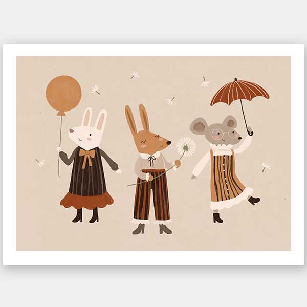 Forest friends—two rabbits and a mouse—parade with a balloon and umbrella in warm neutral oranges, from the Little Tails Collection by Urban Road.